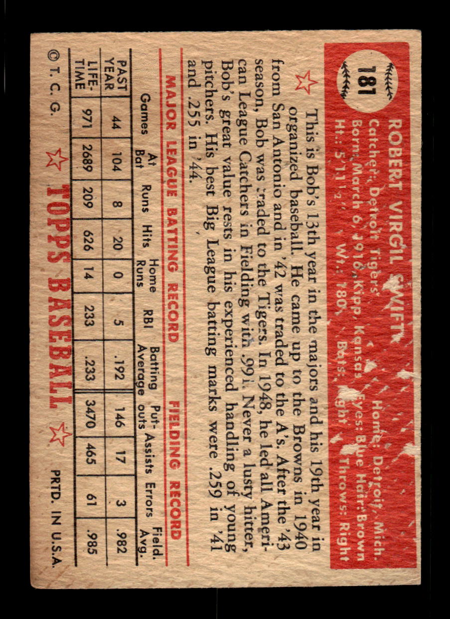 1952 Topps #181 Bob Swift Detroit Tigers LOW GRADE CS26016816