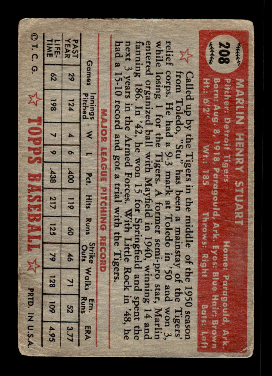1952 Topps #208 Marlin Stuart Detroit Tigers Poor CS26016833