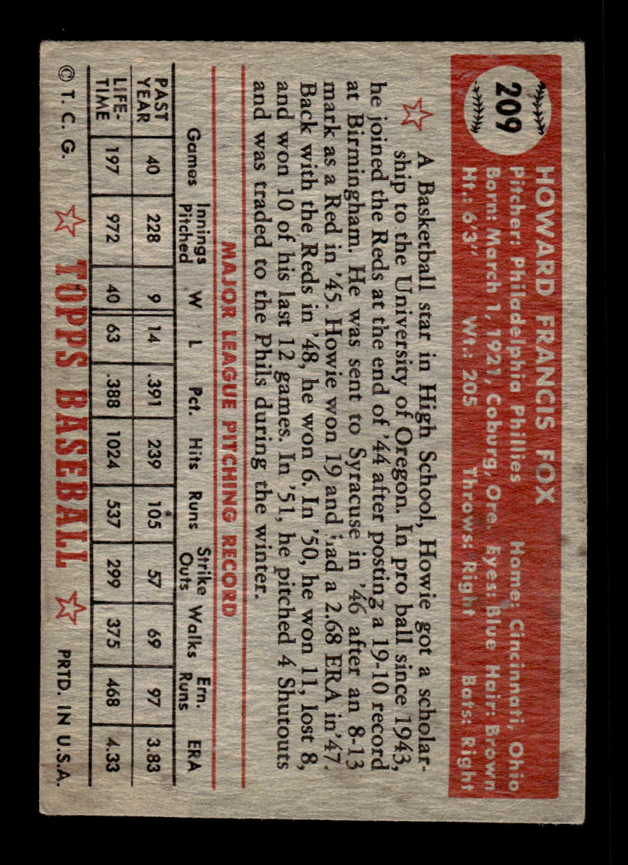 1952 Topps #209 Howie Fox Philadelphia Phillies Poor CS26016834