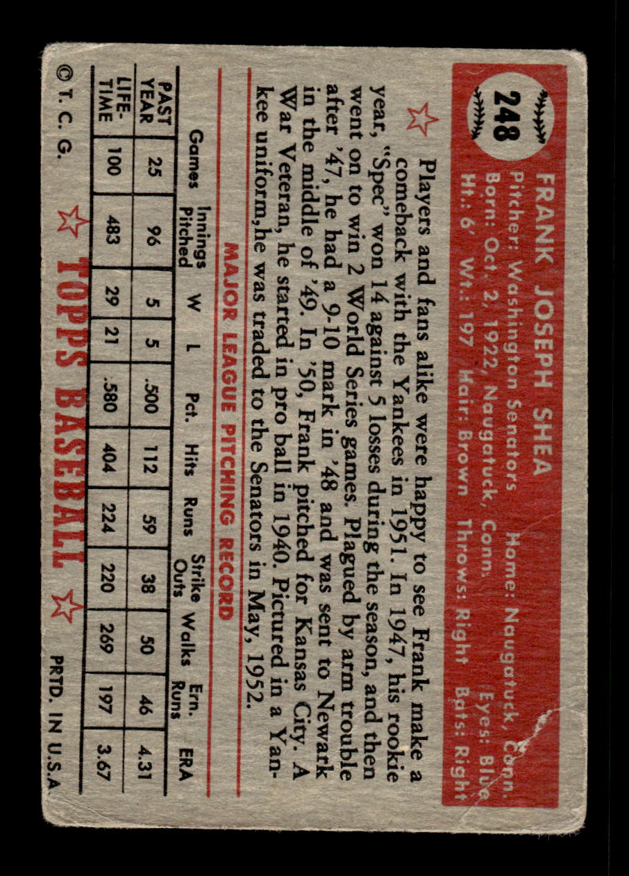 1952 Topps #248 Frank Shea Washington Senators Poor CS26016838
