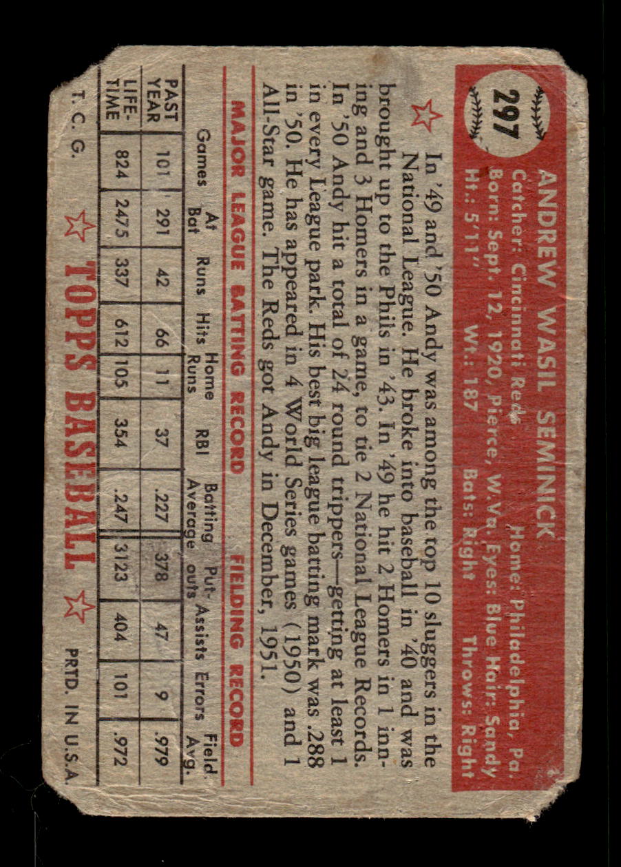 1952 Topps #297 Andy Seminick Cincinnati Reds Poor CS26016841