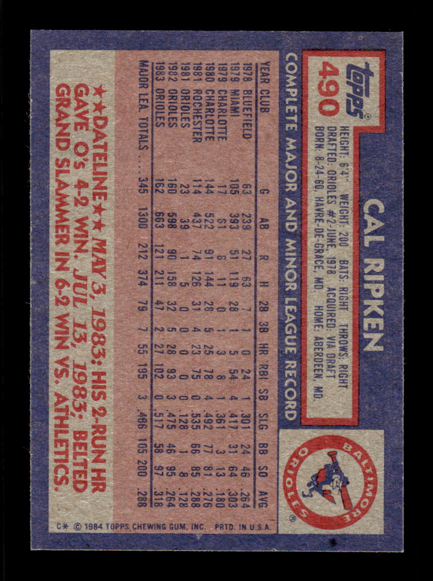 1984 Topps #490 Cal Ripken Baltimore Orioles VG CS26016875
