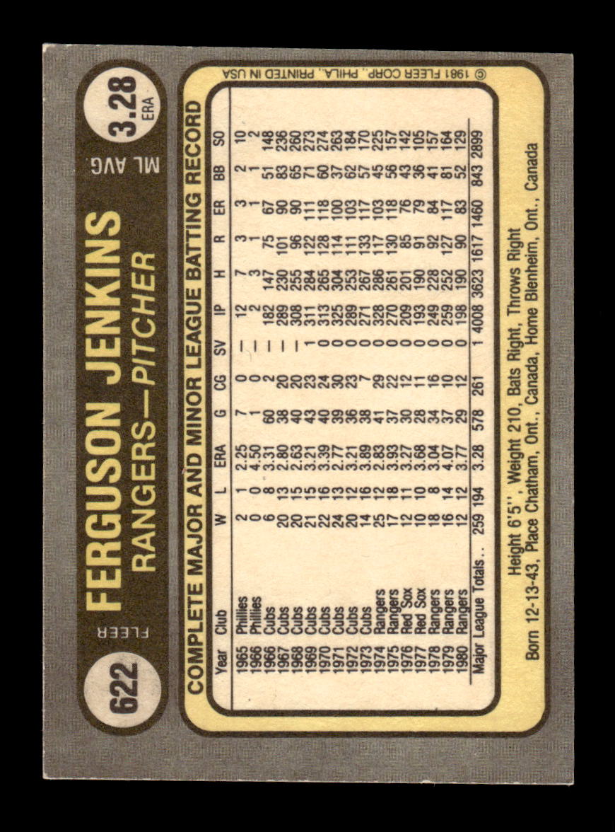 1981 Fleer #622 Ferguson Jenkins Texas Rangers VG CS26016902