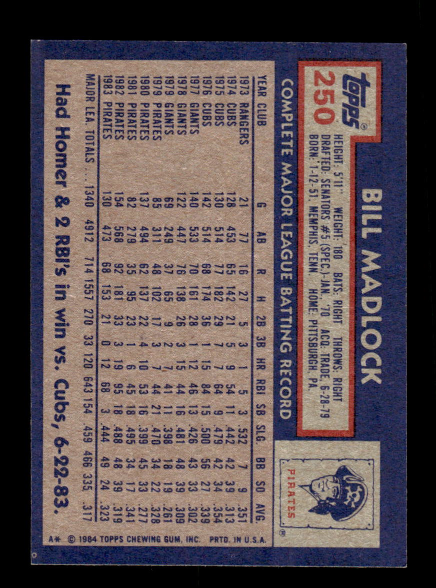 1984 Topps #250 Bill Madlock Pittsburgh Pirates VG CS26016910