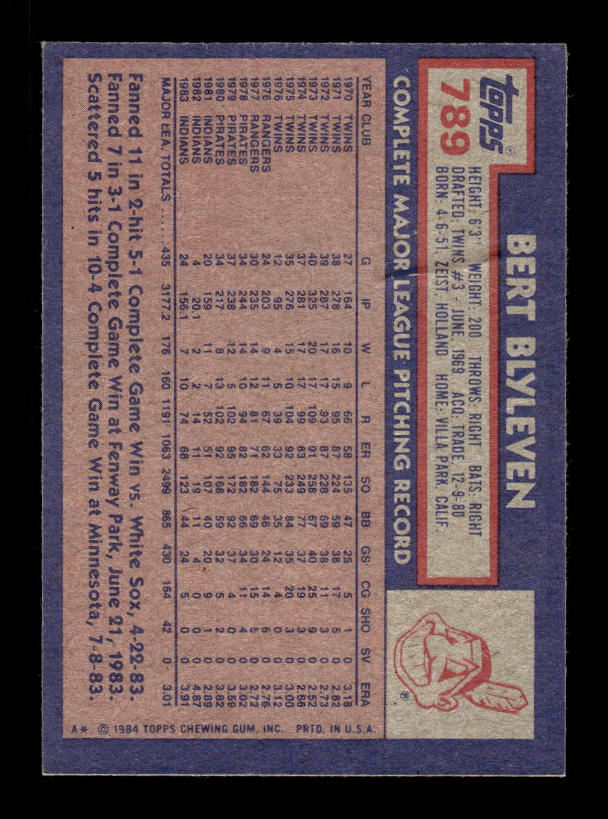 1984 Topps #789 Bert Blyleven Cleveland Indians VG CS26016921