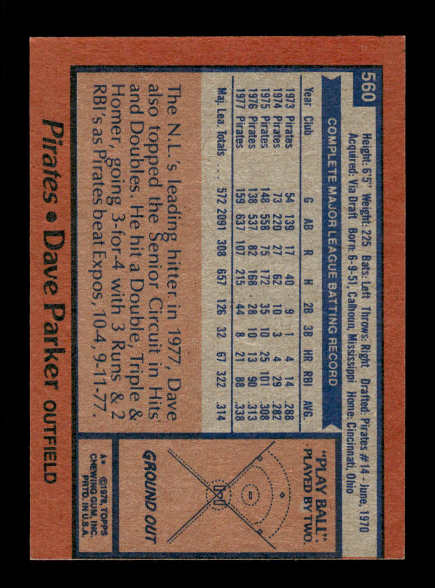 1978 Topps #560 Dave Parker Pittsburgh Pirates VG CS26016934