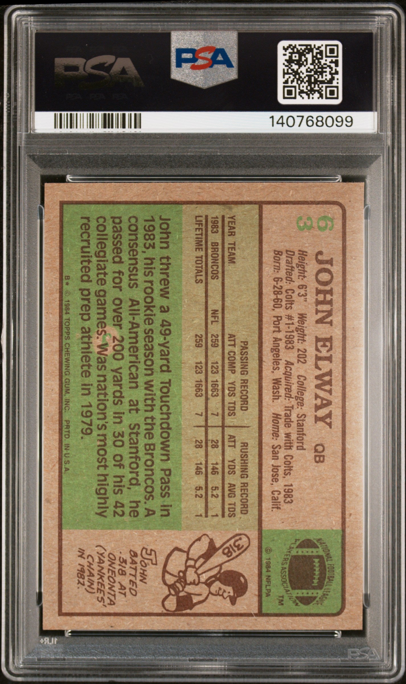 1984 Topps #63 John Elway Fresh Grade PSA 8 SN 140768099