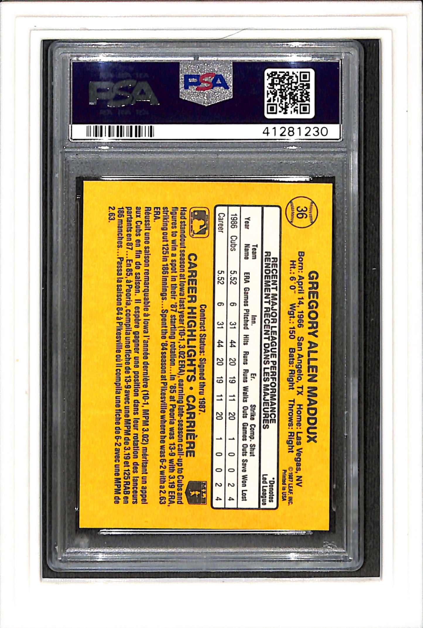 1987 Leaf #36 Greg Maddux PSA 9 SN 41281230
