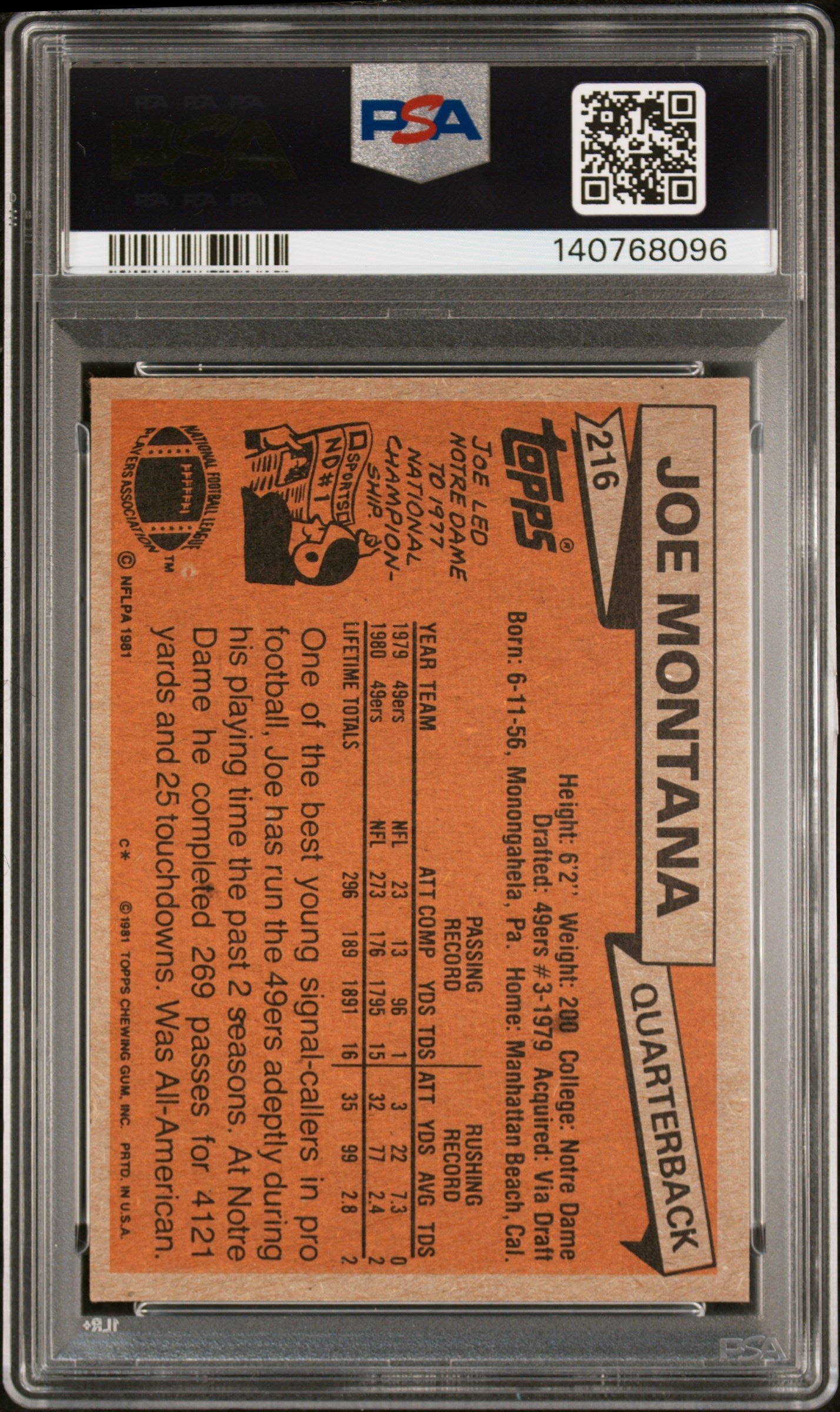 1981 Topps #216 Joe Montana Fresh Grade PSA 5 SN 140768096