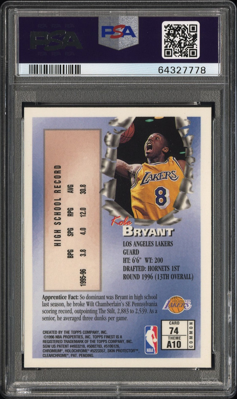1996 Finest #74 Kobe Bryant PSA 8 SN 64327778