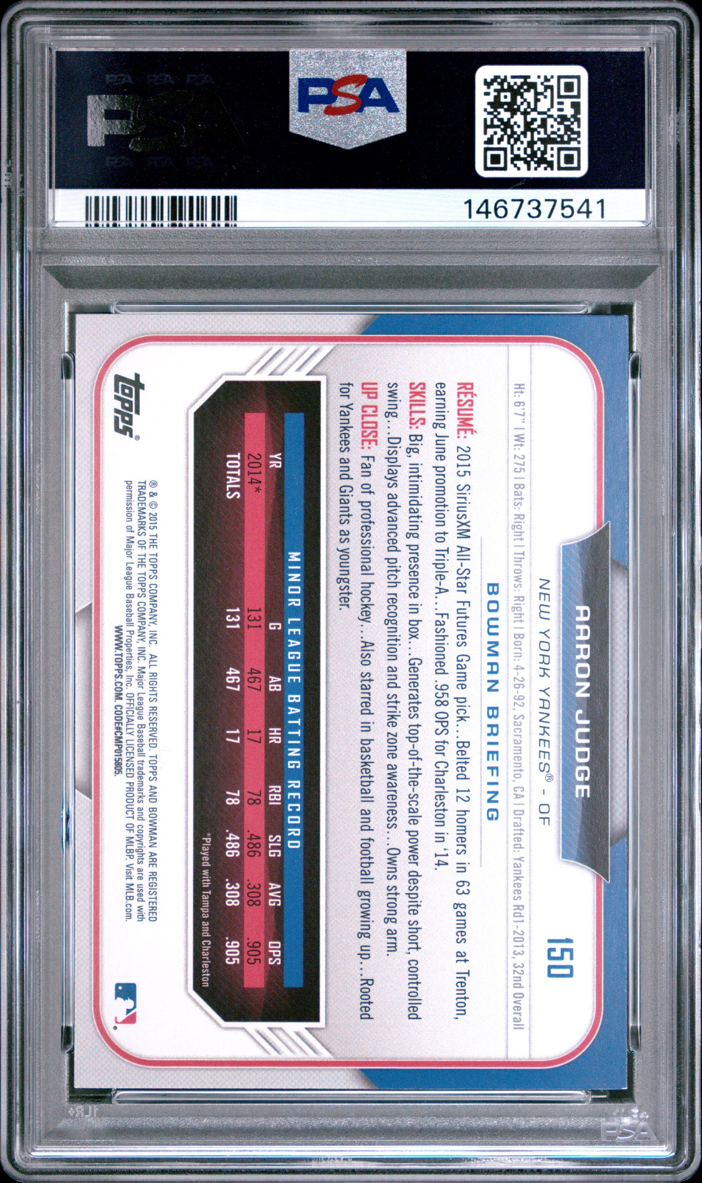 2015 Bowman Draft #150 Aaron Judge PSA 9 SN 146737541