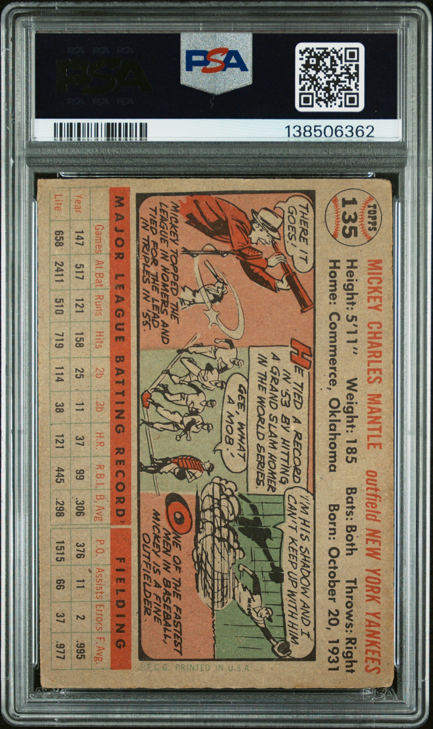 1956 Topps #135 Mickey Mantle Gray Back PSA 2 SN 138506362