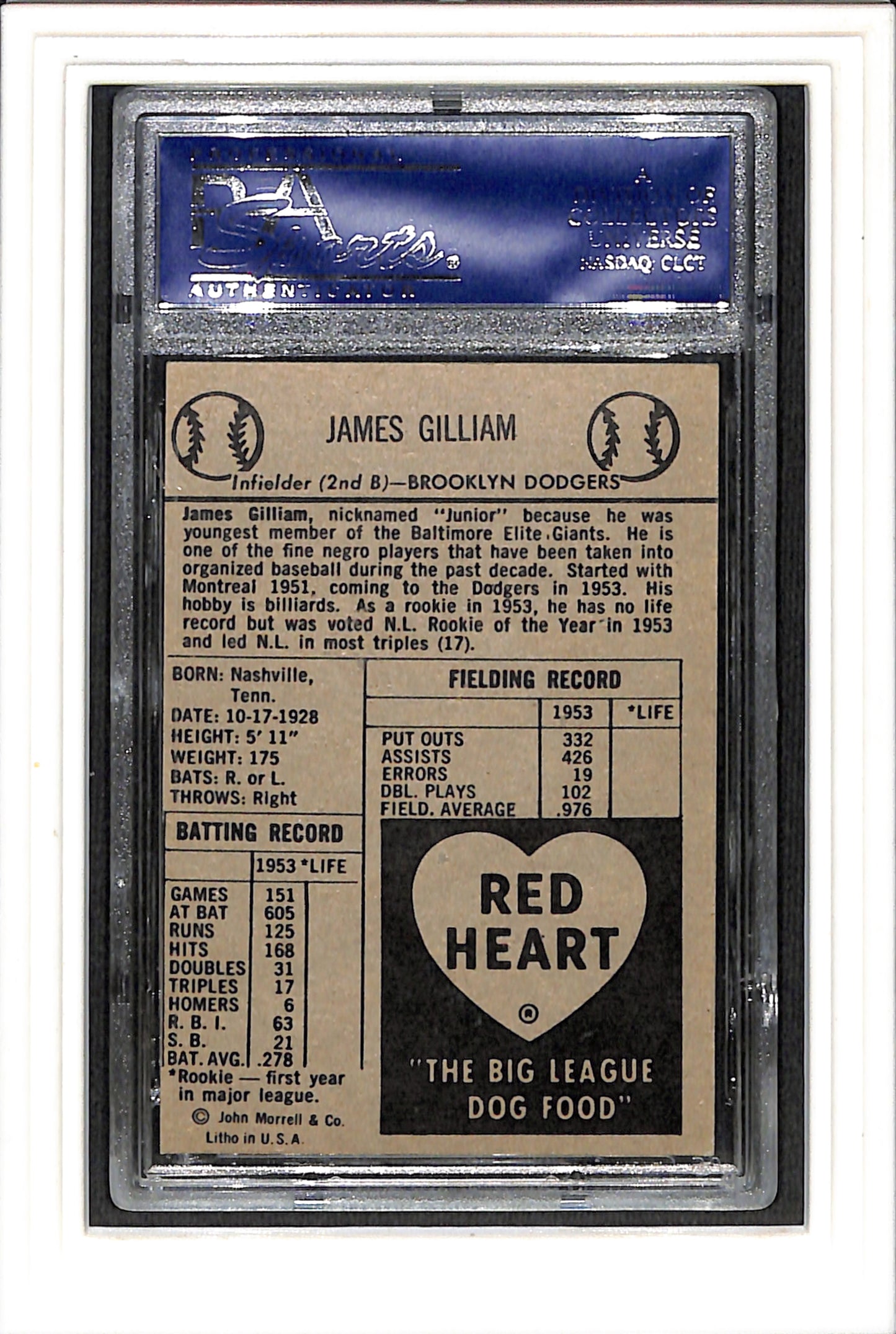 1954 Red Heart # Jim Gilliam PSA 6 SN 14096124