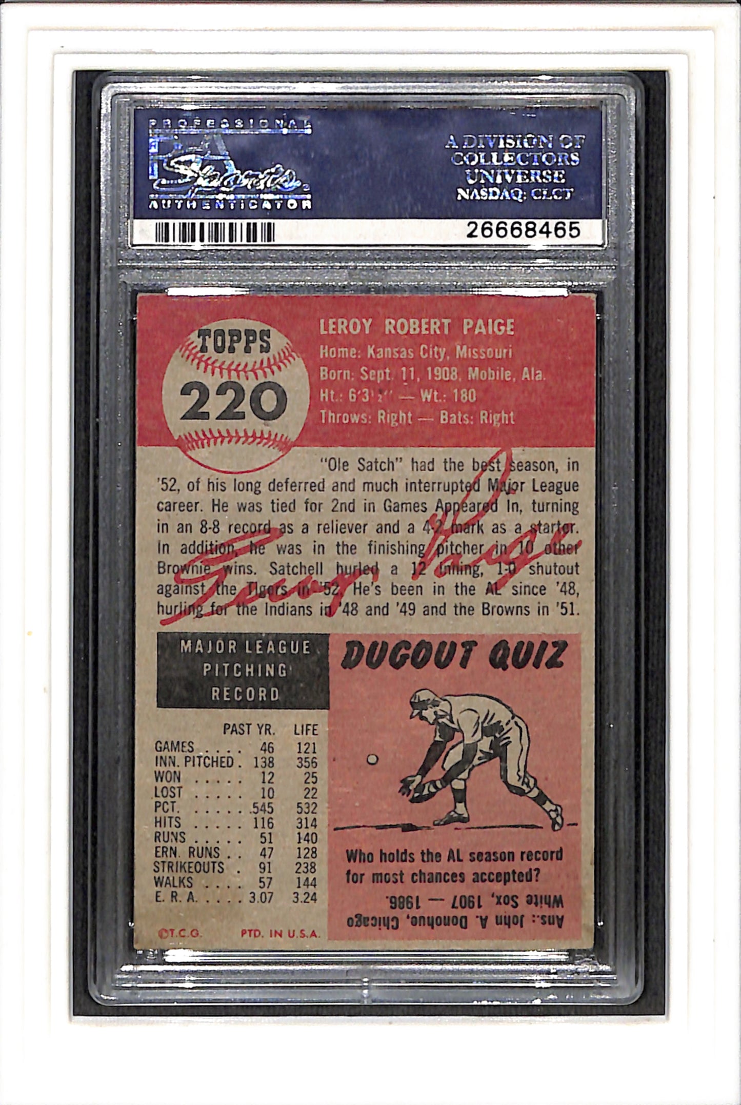 1953 Topps #220 Satchell Paige PSA 4 SN 26668465
