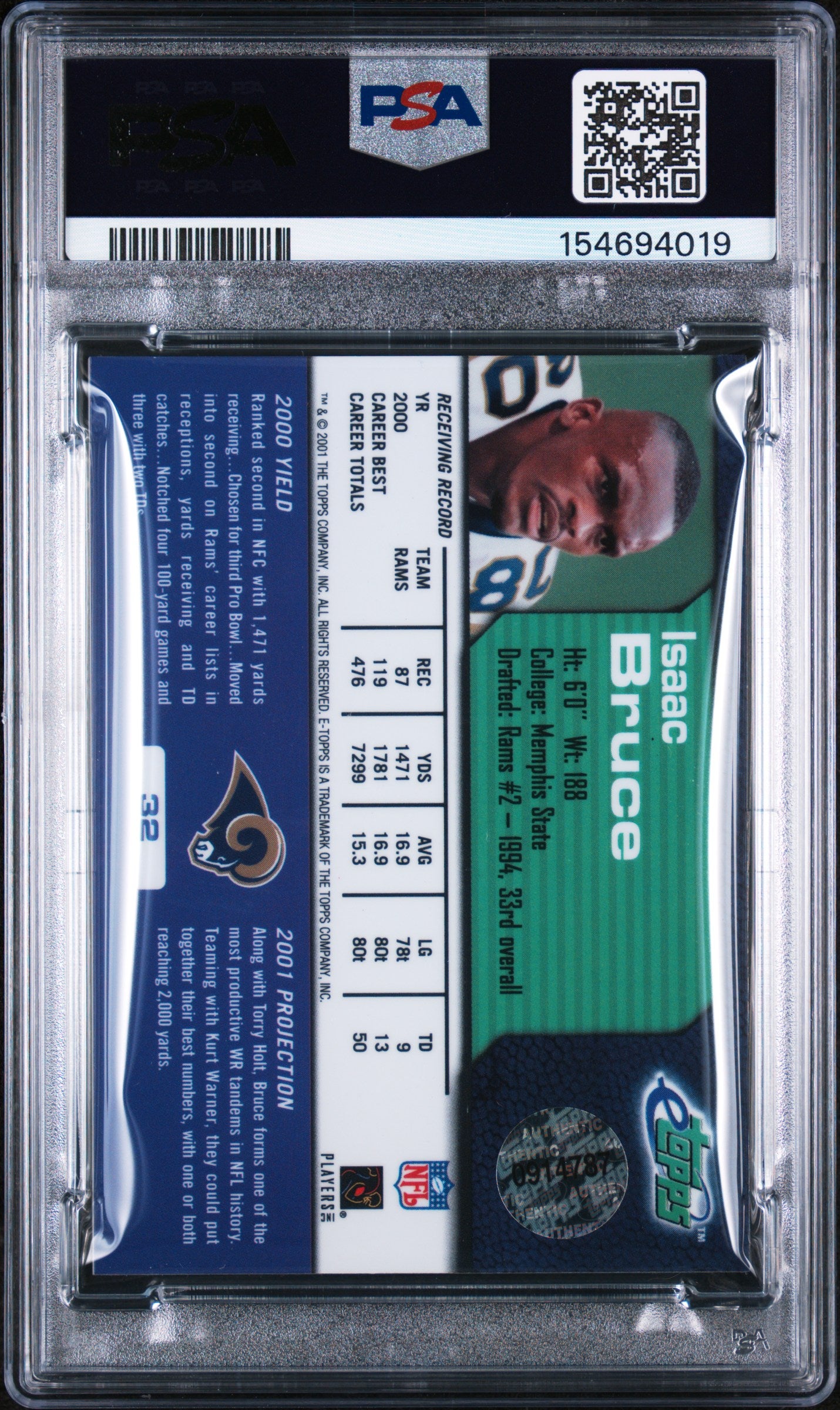 2001 Etopps #32 Isaac Bruce PSA 9 SN 154694019