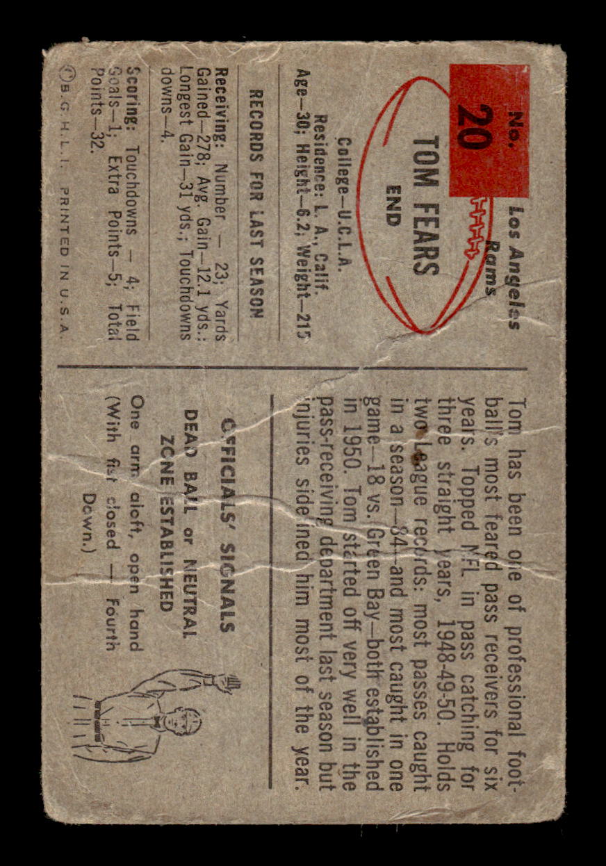 1954 Bowman #20 Tom Fears Los Angeles Rams Poor CS26017006