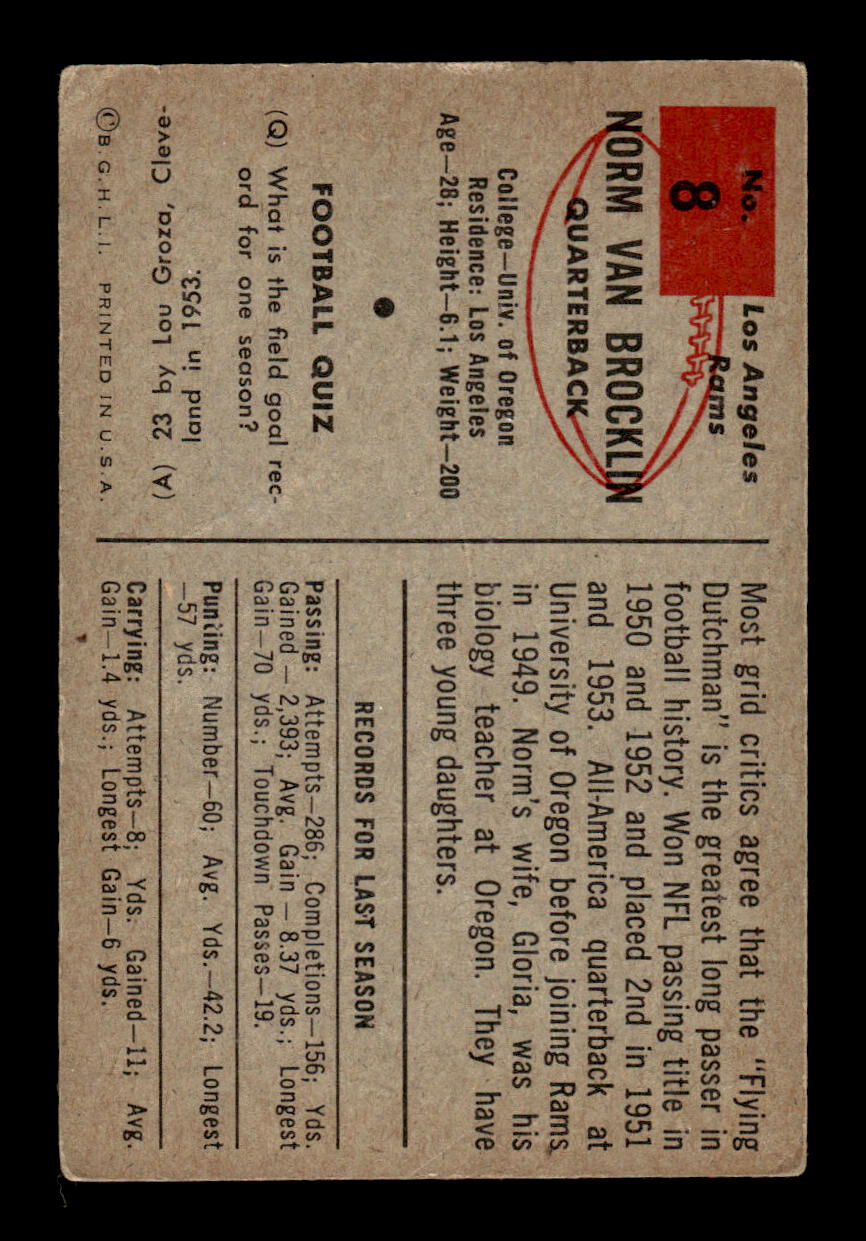 1954 Bowman #8 Norm Van Brocklin Los Angeles Rams VG CS26017013