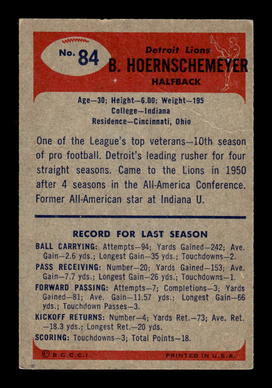 1955 Bowman #84 Bob Hoernschemeyer Detroit Lions F/G CS26017020