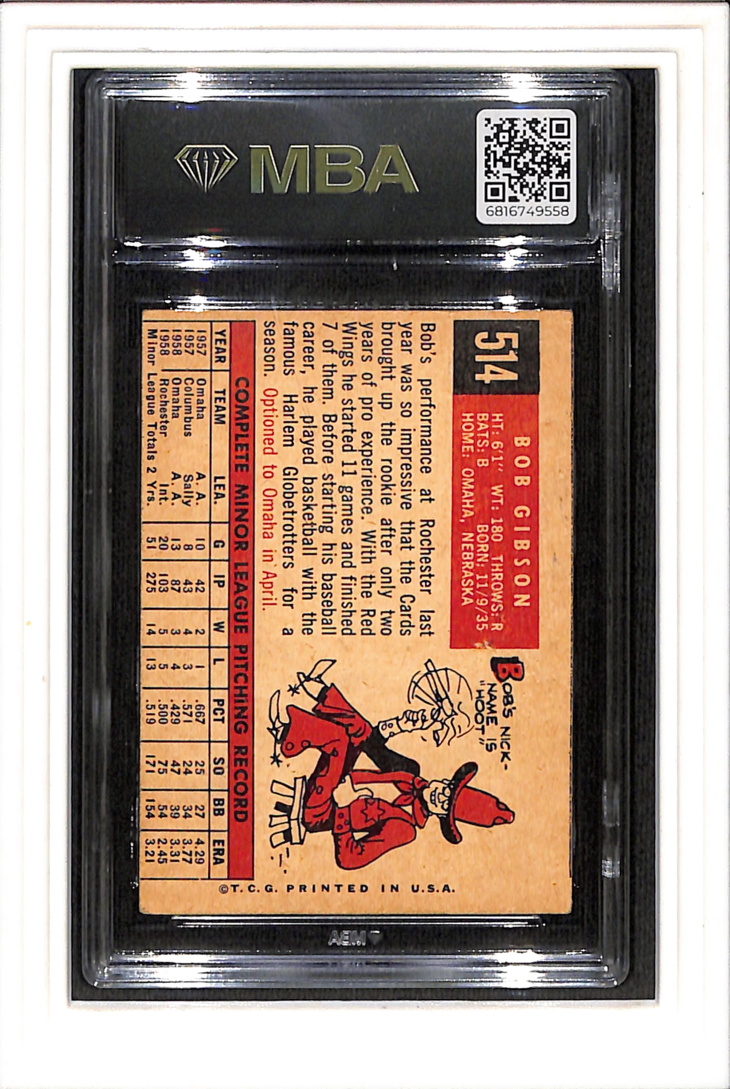 1959 Topps #514 Bob Gibson MBA 1 SN 6816749558