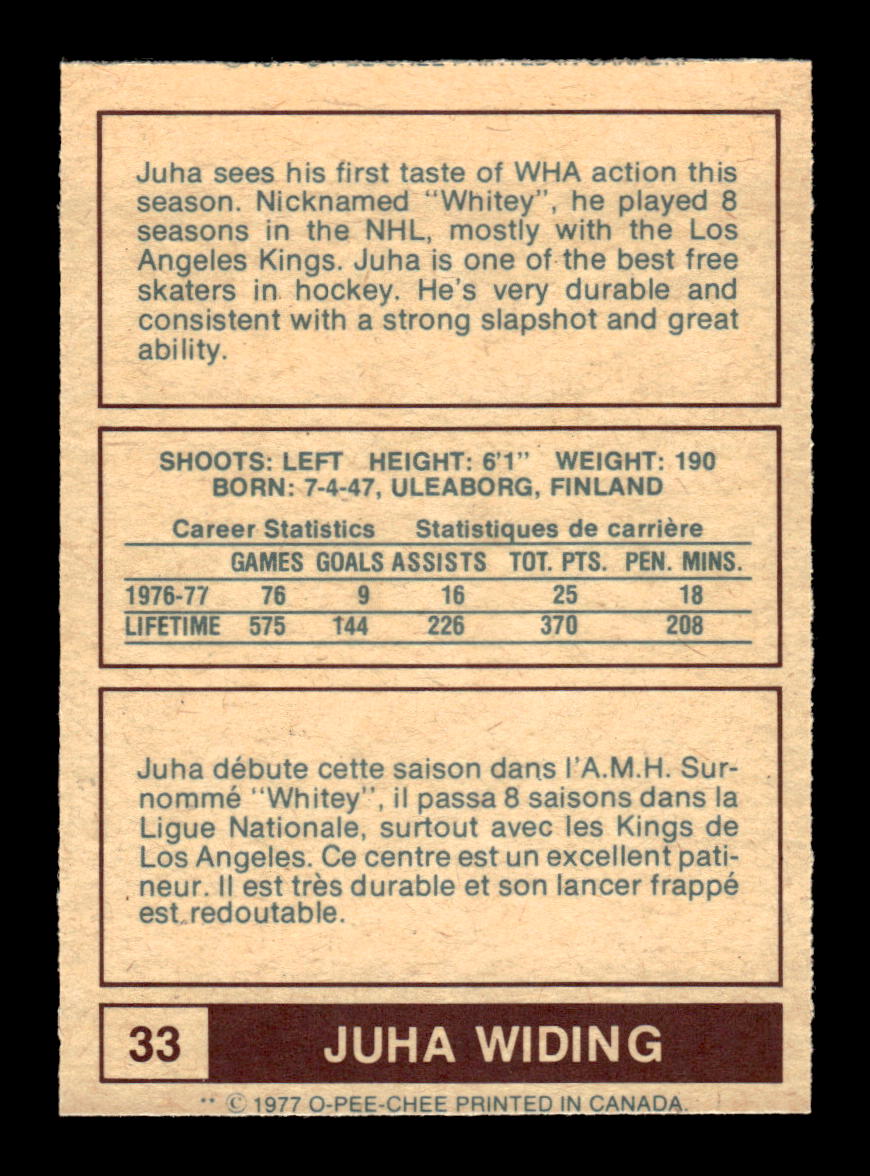 1977-78 O-Pee-Chee WHA #33 Juha Widing Edmonton Oilers EX CS26017197