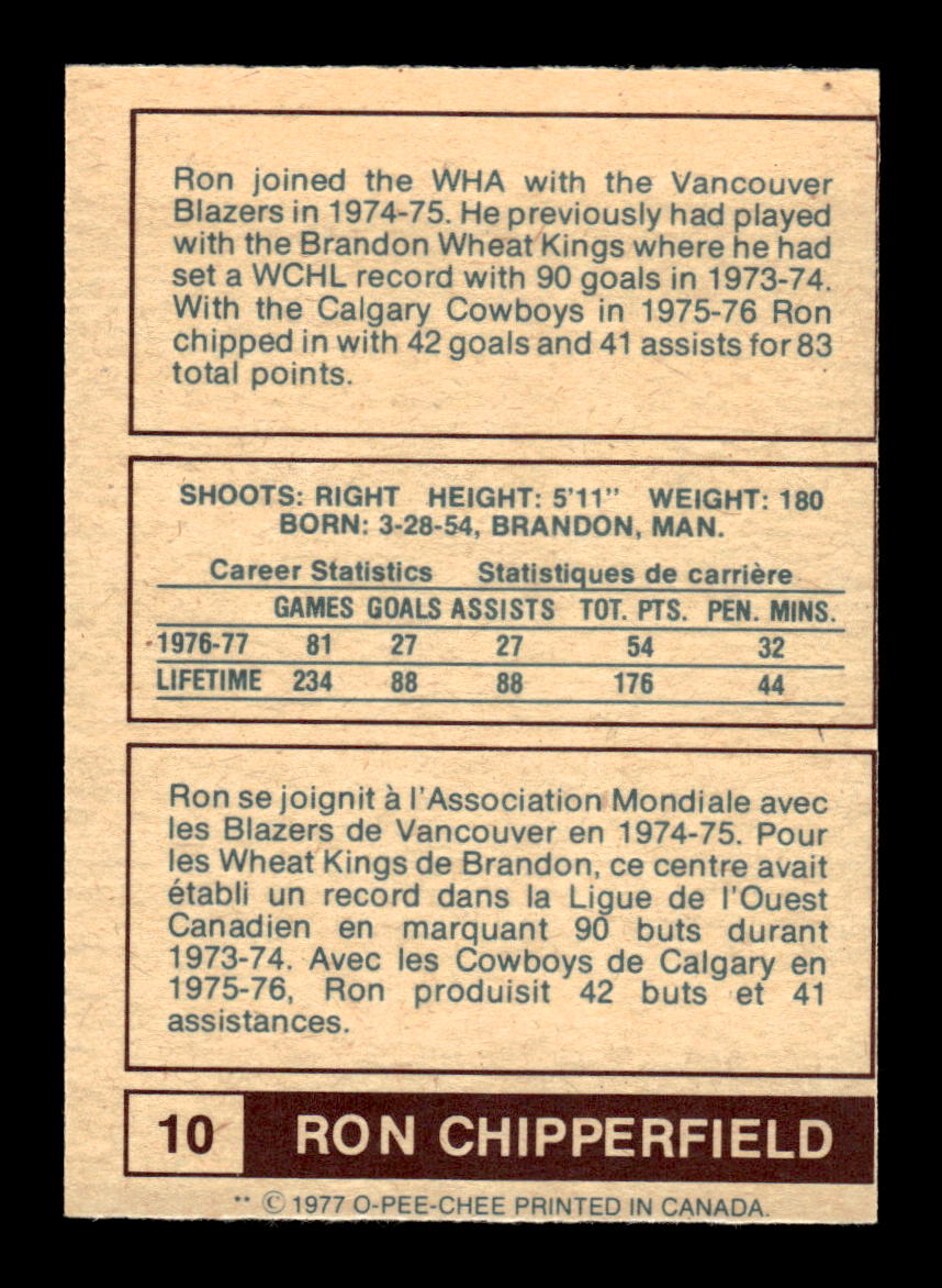 1977-78 O-Pee-Chee WHA #10 Ron Chipperfield Edmonton Oilers EX CS26017201