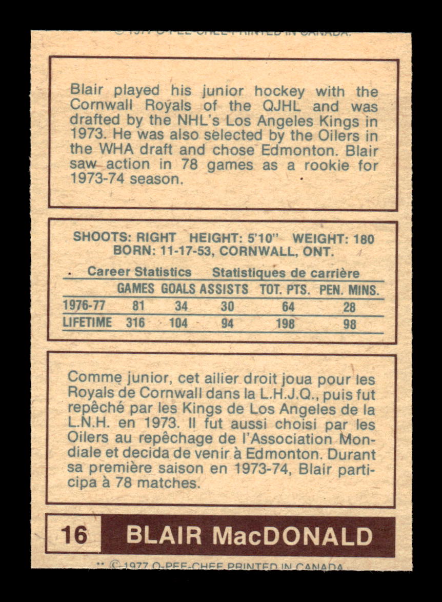 1977-78 O-Pee-Chee WHA #16 Blair MacDonald Edmonton Oilers EX CS26017202