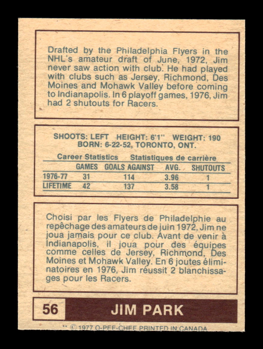 1977-78 O-Pee-Chee WHA #56 Jim Park Indianapolis Racers EX CS26017203