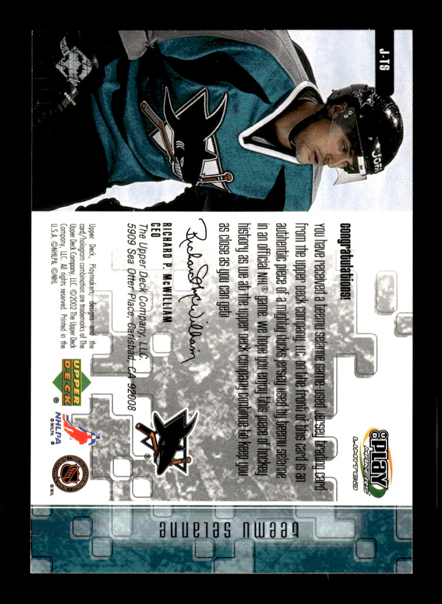 2001-02 Upper Deck Playmakers #J-TS Teemu Selanne San Jose Sharks EX CS26017253