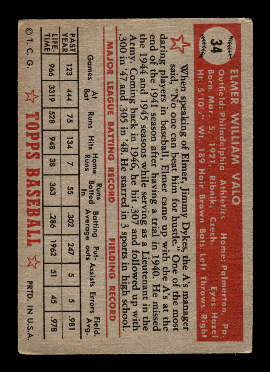 1952 Topps #34 Elmer Valo Philadelphia Athletics LOW GRADE CS26017309