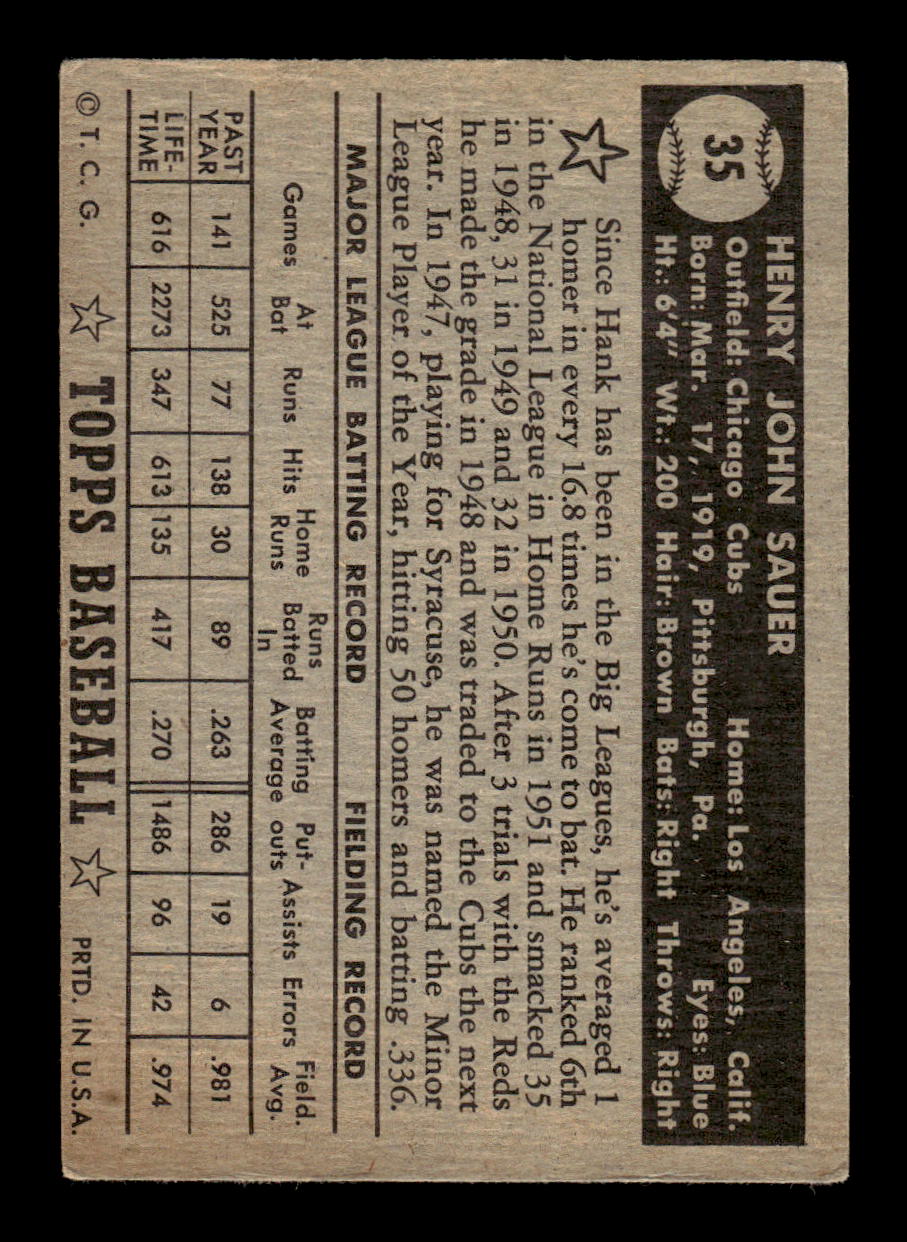 1952 Topps #35 Hank Sauer BLK BK Chicago Cubs LOW GRADE CS26017310