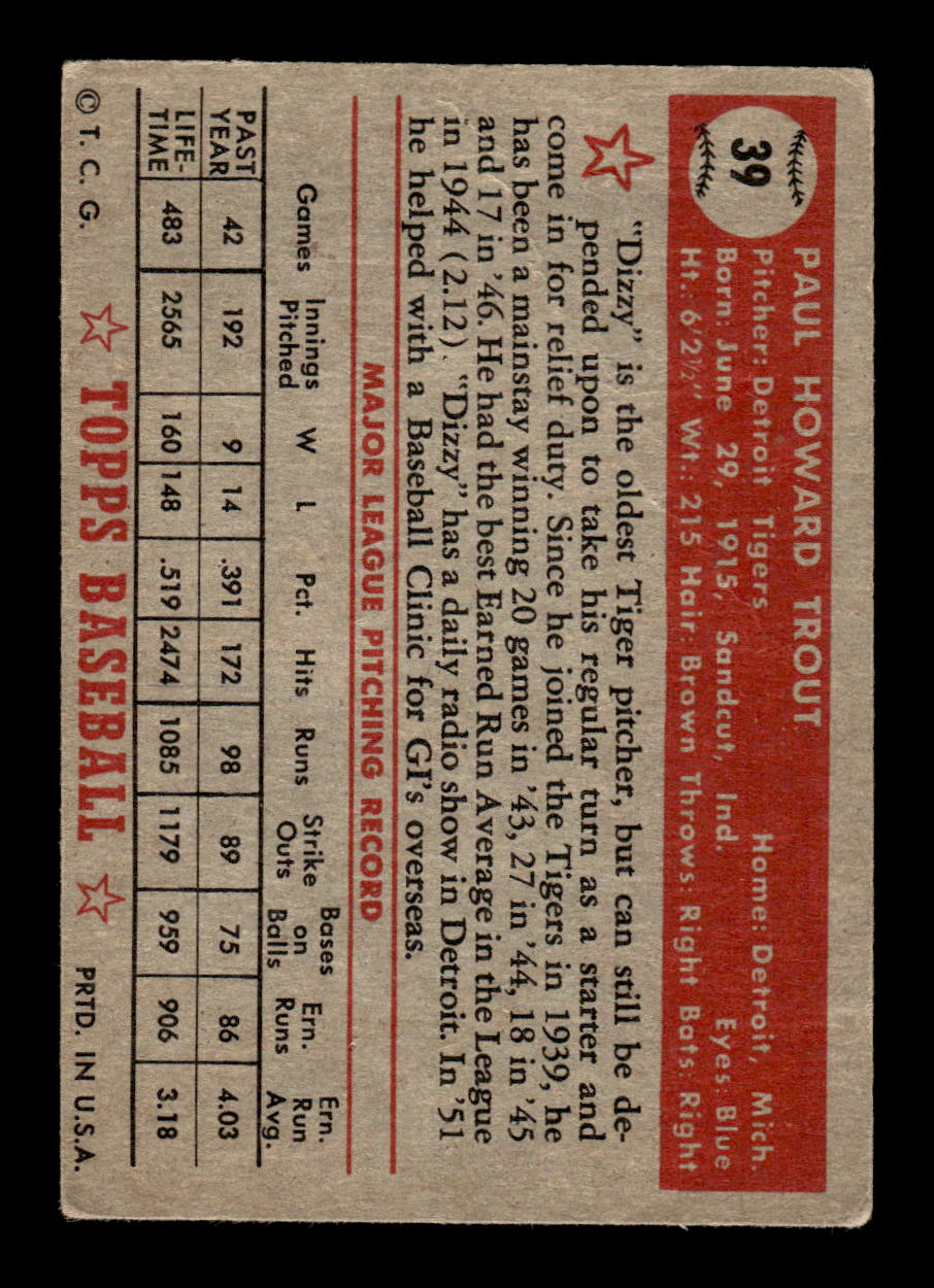 1952 Topps #39 Dizzy Trout Detroit Tigers LOW GRADE CS26017313
