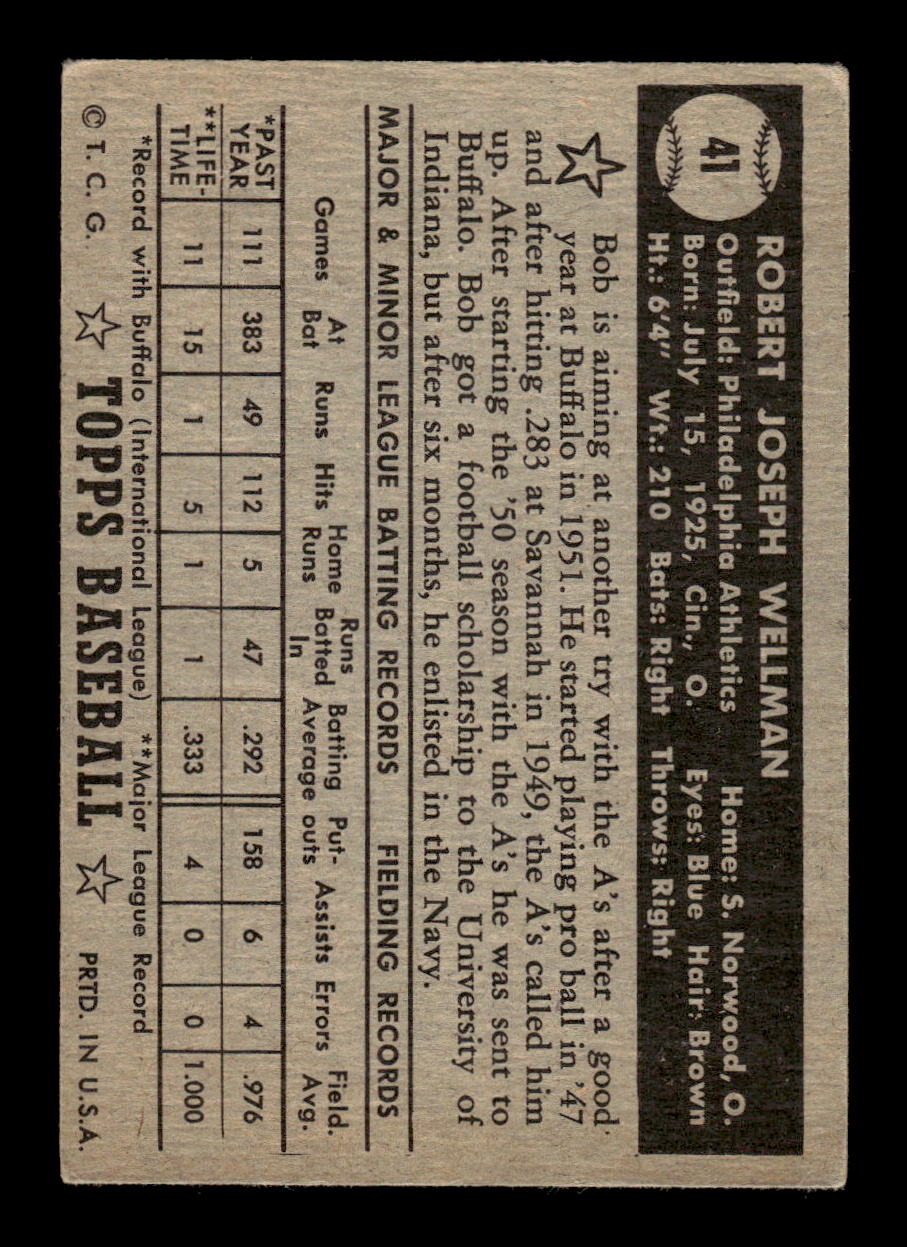 1952 Topps #41 Bob Wellman BLK BK Philadelphia Athletics LOW GRADE CS26017315