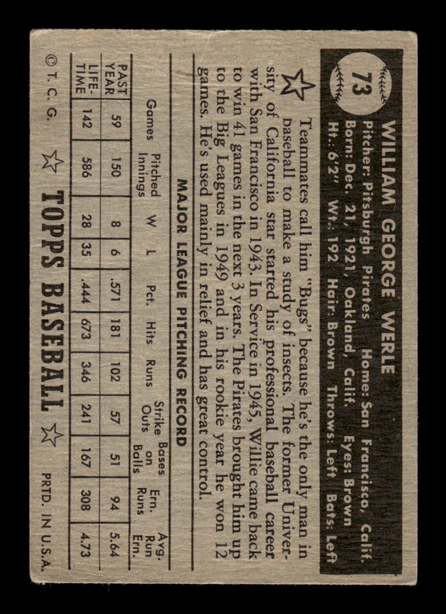 1952 Topps #73b Bill Werle BLK BK Pittsburgh Pirates LOW GRADE CS26017332