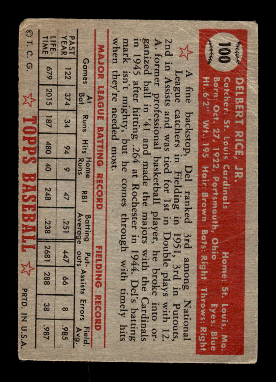 1952 Topps #100 Del Rice St. Louis Cardinals LOW GRADE CS26017343