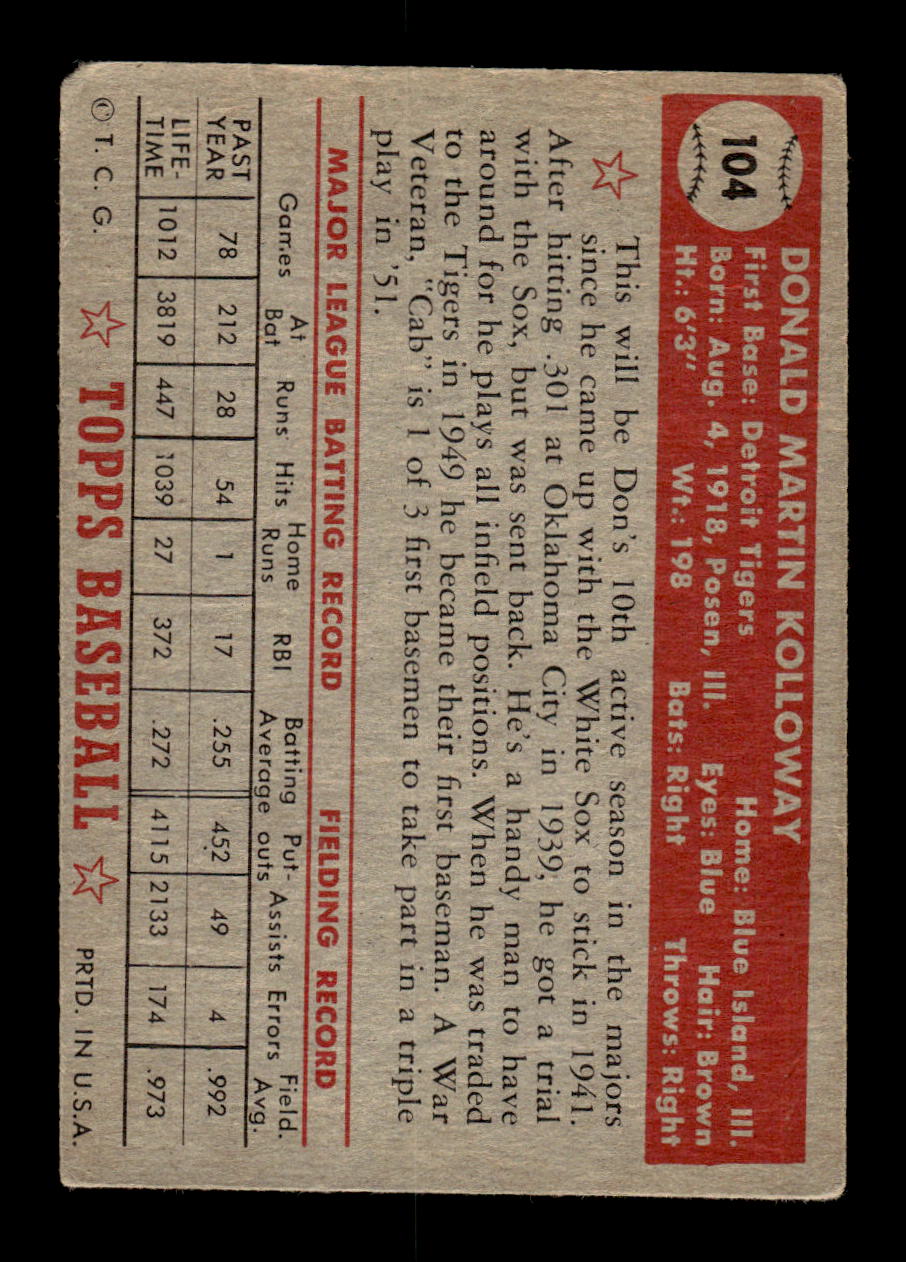 1952 Topps #104 Don Kolloway Detroit Tigers LOW GRADE CS26017346