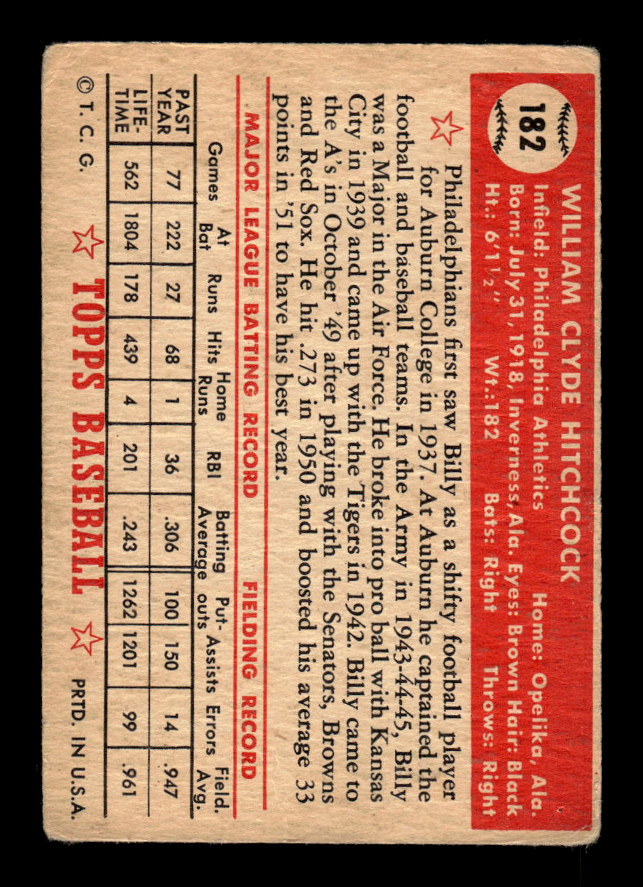 1952 Topps #182 Billy Hitchcock Philadelphia Athletics LOW GRADE CS26017358
