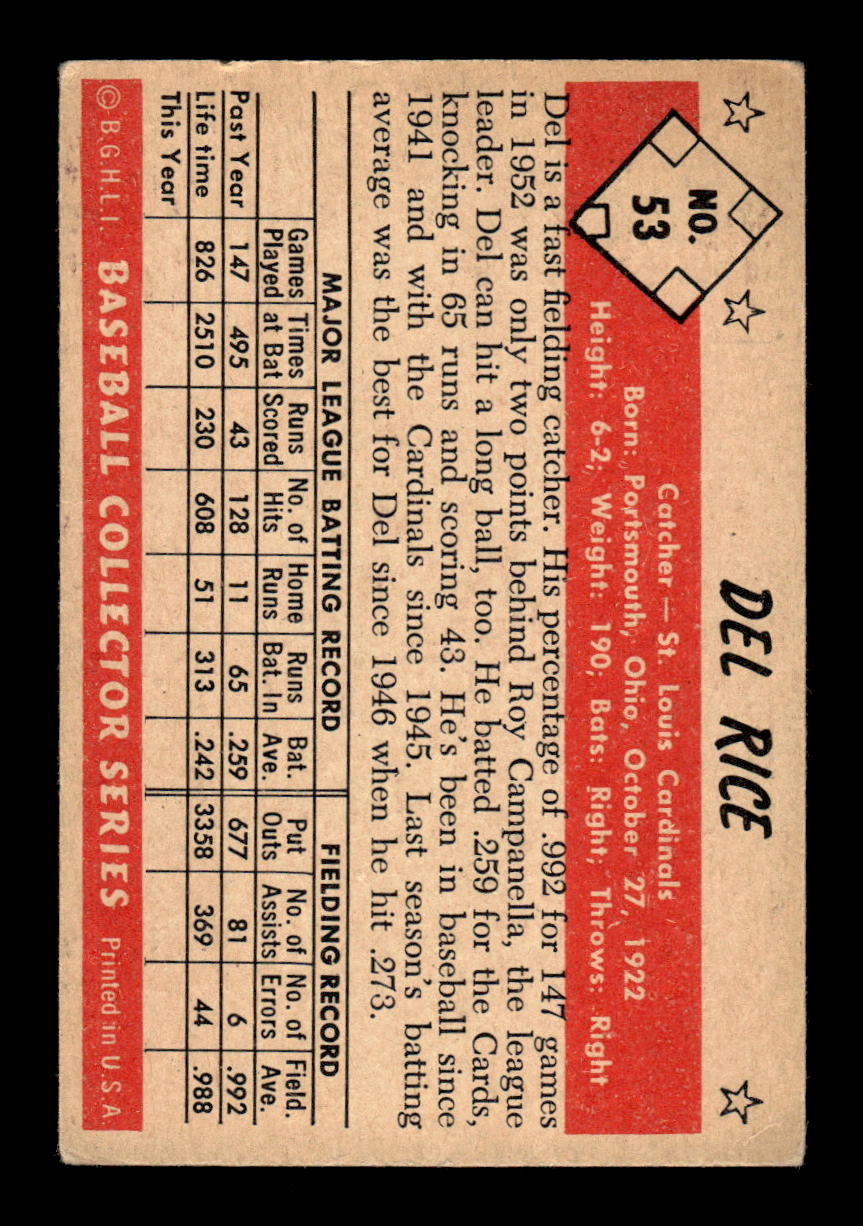 1953 Bowman Color #53 Del Rice St. Louis Cardinals VG CS26017374