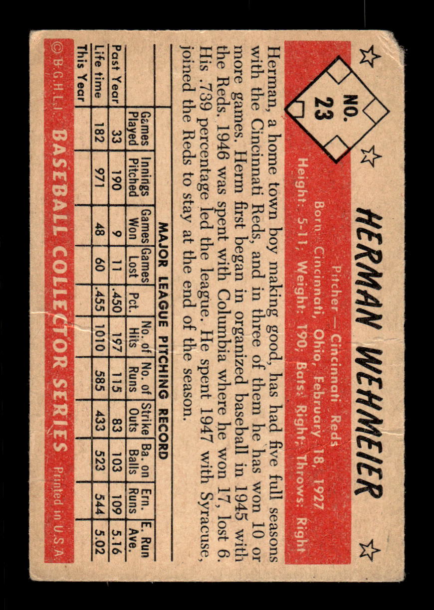 1953 Bowman Color #23 Herman Wehmeier Cincinnati Reds LOW GRADE CS26017390