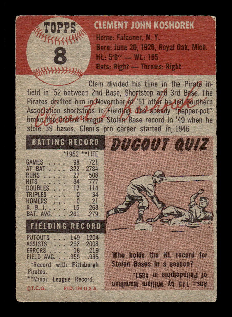 1953 Topps #8 Clem Koshorek Pittsburgh Pirates VG CS26017401