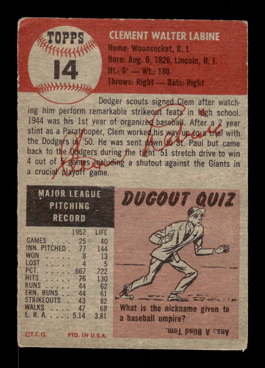 1953 Topps #14 Clem Labine Brooklyn Dodgers VG CS26017404