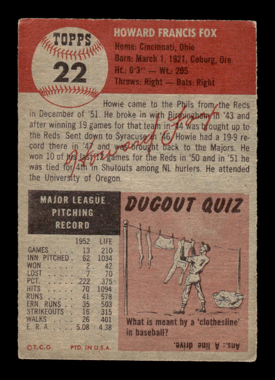 1953 Topps #22 Howie Fox Philadelphia Phillies VG CS26017410