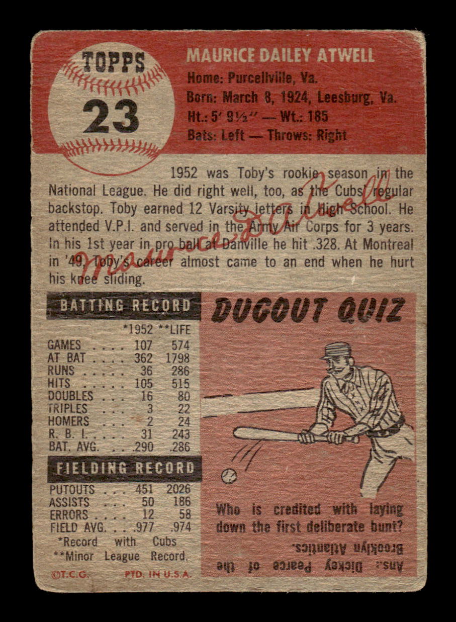 1953 Topps #23 Toby Atwell Chicago Cubs Poor CS26017411