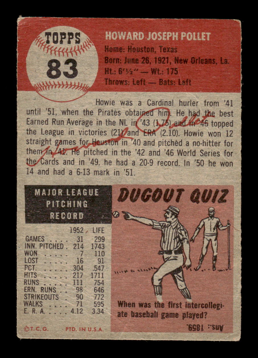 1953 Topps #83 Howie Pollet Pittsburgh Pirates VG CS26017449