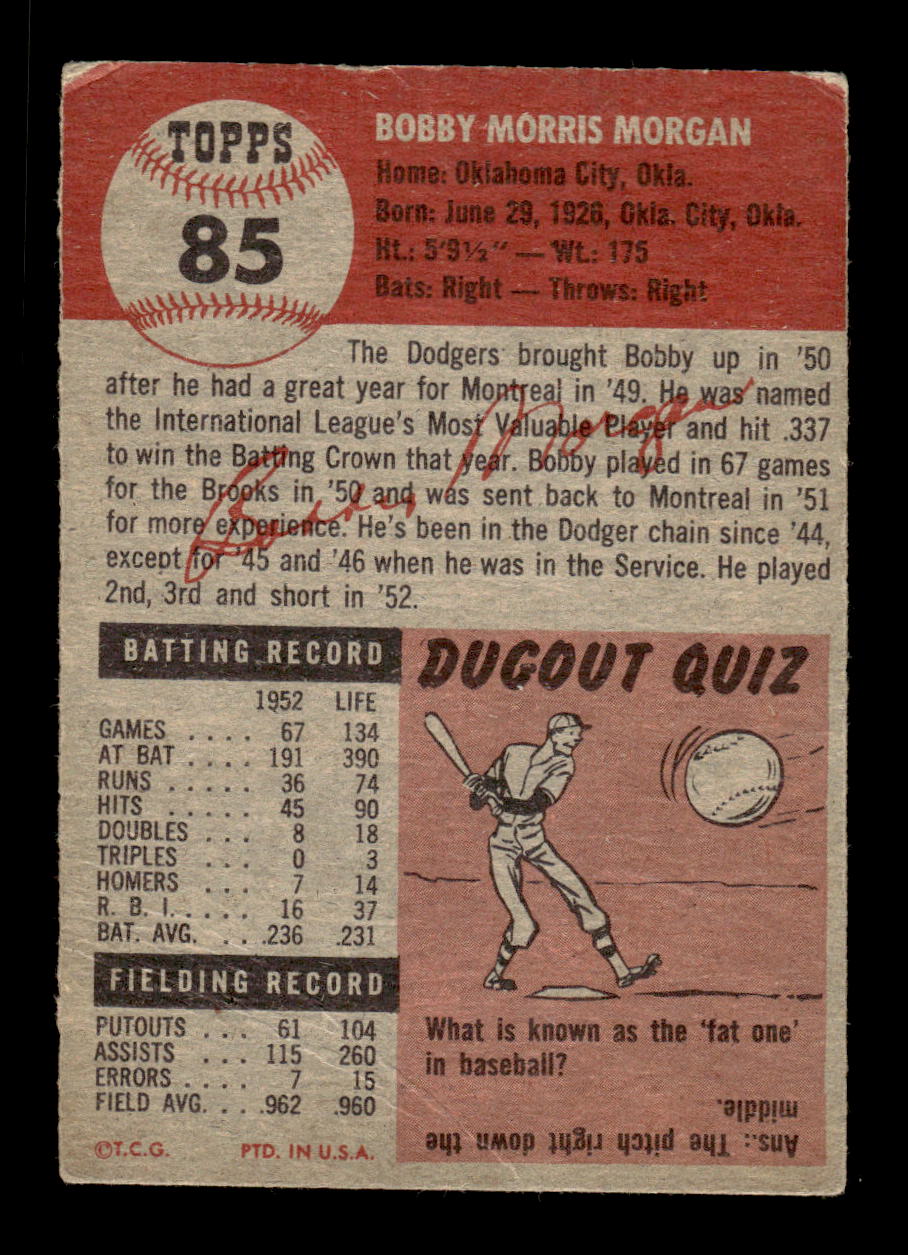 1953 Topps #85 Bobby Morgan Brooklyn Dodgers VG CS26017450