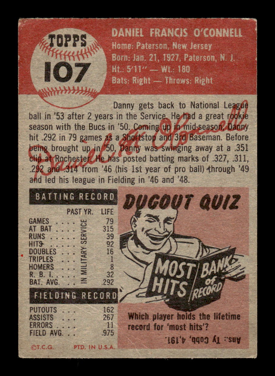 1953 Topps #107b Danny O'Connell Pittsburgh Pirates VG CS26017451