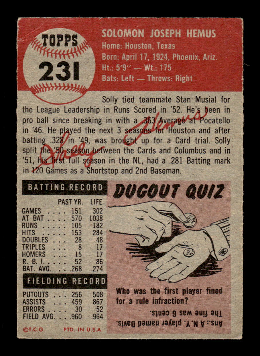 1953 Topps #231 Solly Hemus St. Louis Cardinals VG CS26017476