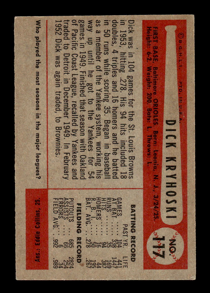 1954 Bowman #117 Dick Kryhoski Baltimore Orioles VG CS26017492