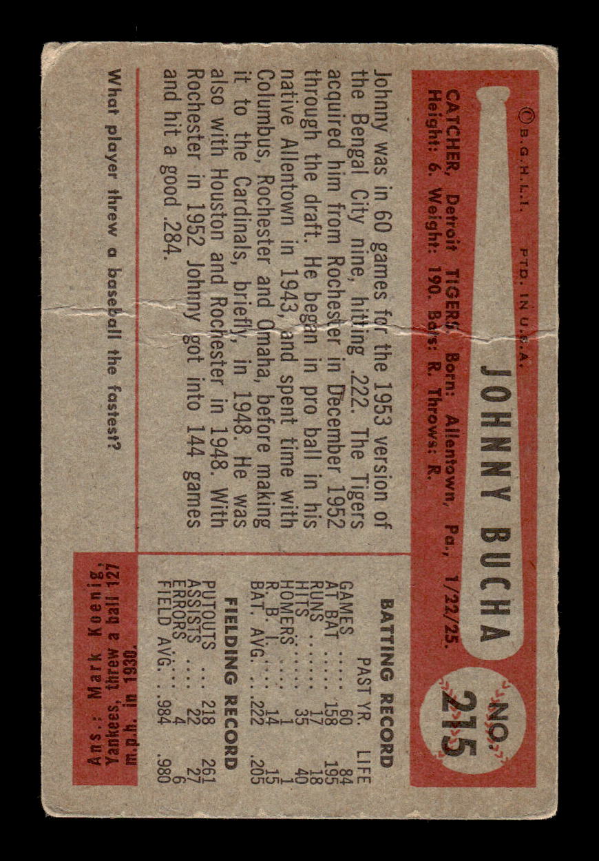 1954 Bowman #215 Johnny Bucha Detroit Tigers Poor CS26017501