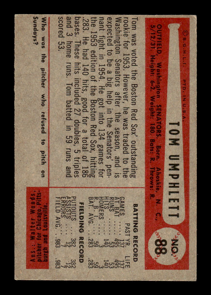 1954 Bowman #88 Tom Umphlett Washington Senators VG CS26017504