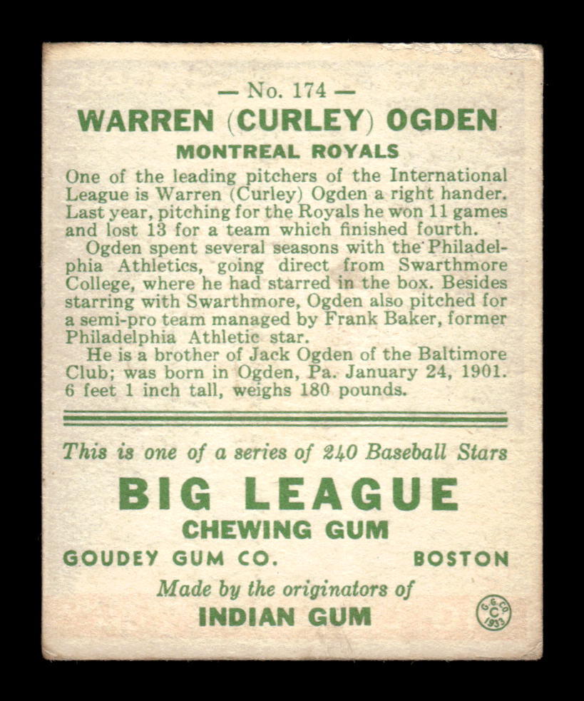 1933 Goudey (R319) #174 Warren “Curly” Ogden LOW GRADE CS26017517